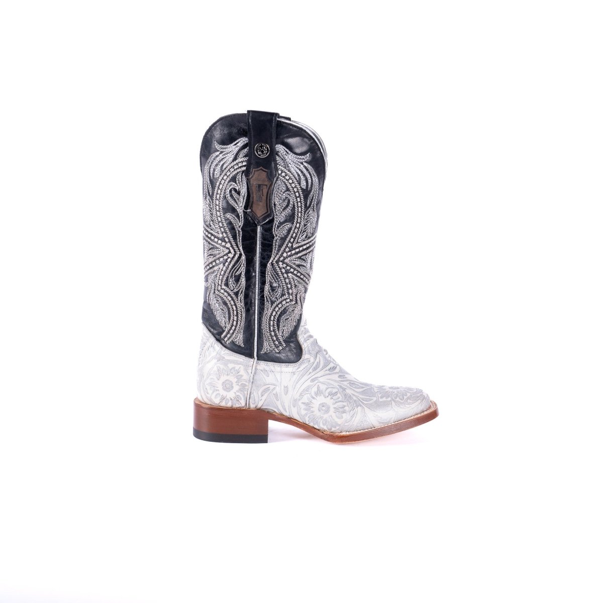 TANNER MARK WOMEN’S Jungle Handtooled White & Silver Cowgirl Boots With Volcano Black Top - Rancho Sementalvariable